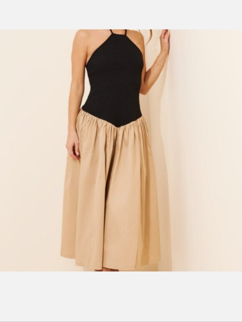 Maeve Two-Tone Midi Dress in Black and Beige